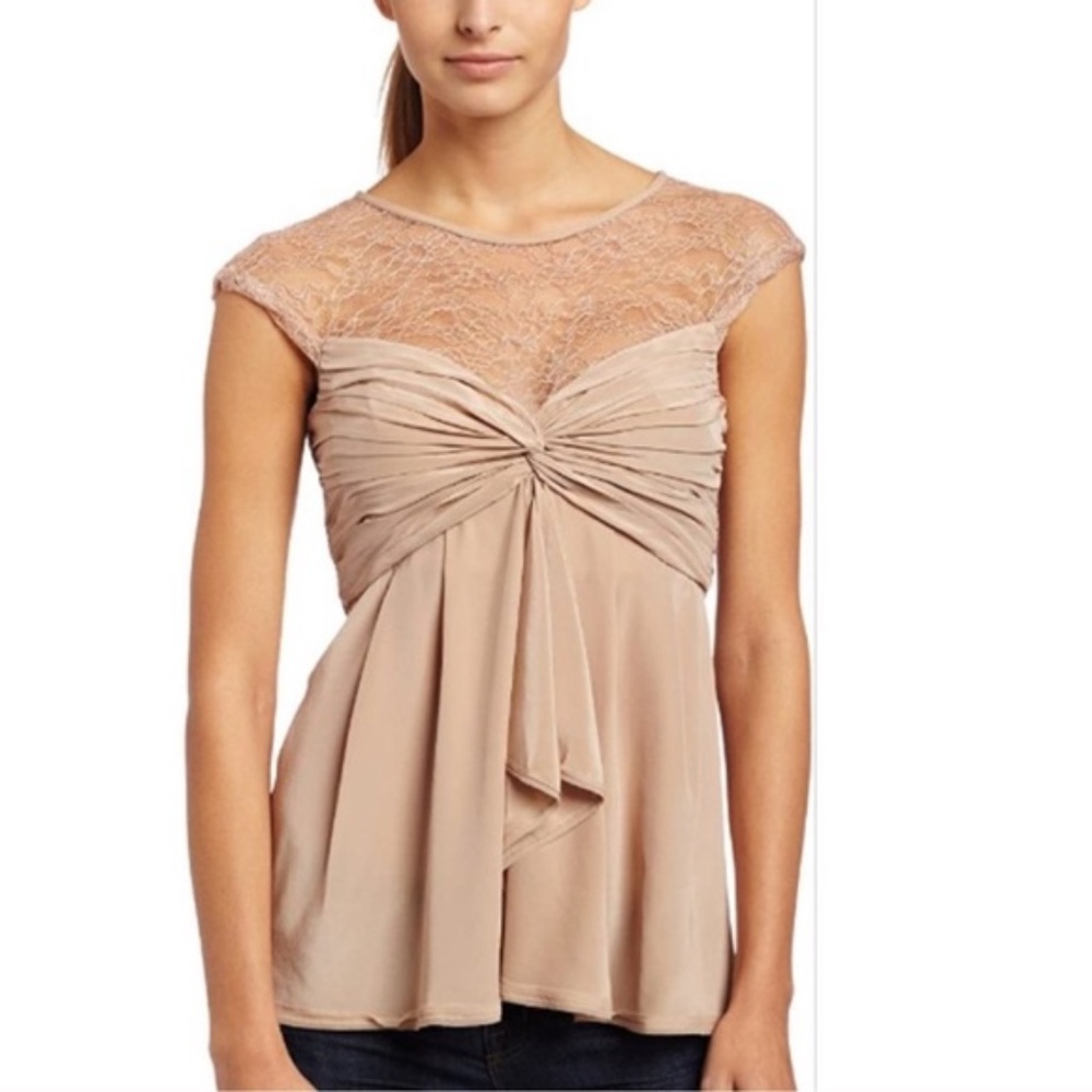 BCBGMAXAZRIA Nude Silk Shelly Draped Lace Blouse